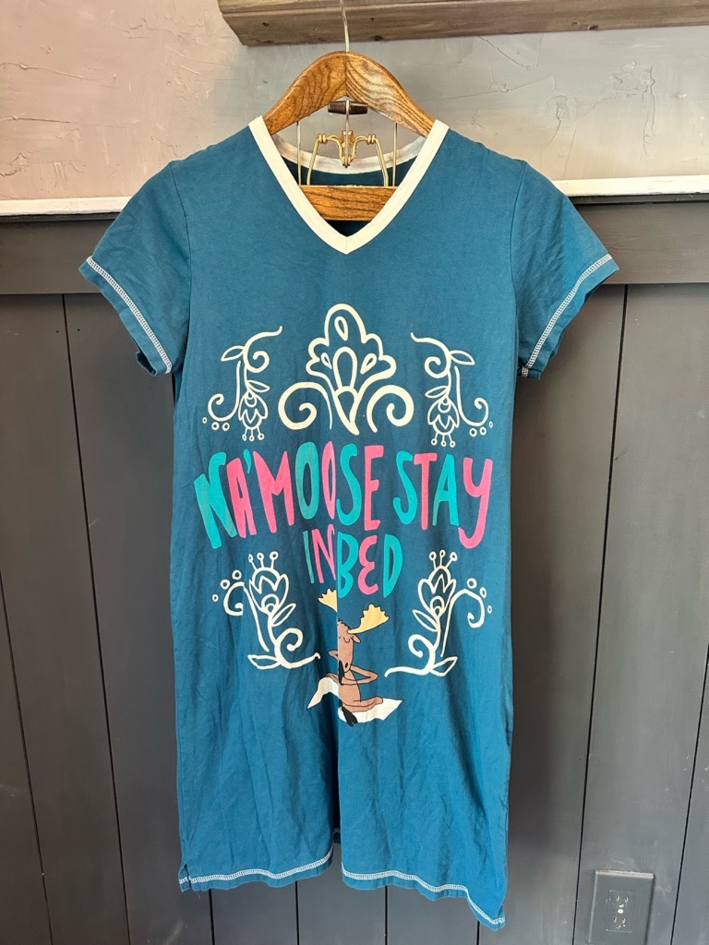 LazyOne 100% Cotton Teal Blue V-Neck “Na’Moose Stay” Nightshirt S/M